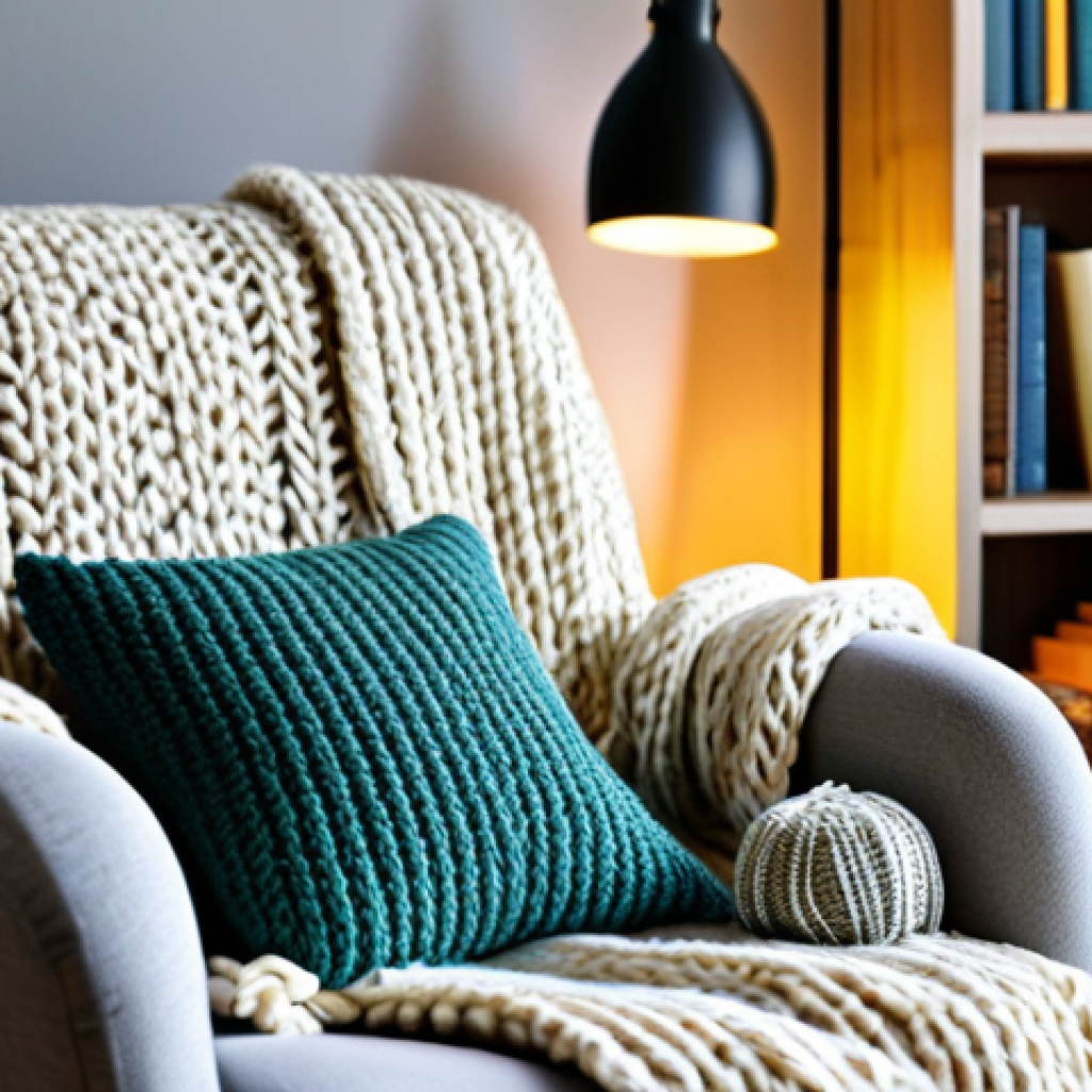 Cozy Reading Nook**

A comfortable armchair draped with a chunky knit blanket and several textured cushions. A warm lamp illuminates the scene, highlighting a side table with a steaming mug of coffee and a stack of books. A Sansevieria plant sits nearby in a decorative pot. In the background, softly blurred bookshelves display pops of color and small decorative objects. Safe for work, appropriate content, fully clothed, professional photography, perfect anatomy, natural proportions, modest, family-friendly.

**