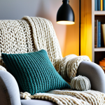 Cozy Reading Nook**

A comfortable armchair draped with a chunky knit blanket and several textured cushions. A warm lamp illuminates the scene, highlighting a side table with a steaming mug of coffee and a stack of books. A Sansevieria plant sits nearby in a decorative pot. In the background, softly blurred bookshelves display pops of color and small decorative objects. Safe for work, appropriate content, fully clothed, professional photography, perfect anatomy, natural proportions, modest, family-friendly.

**