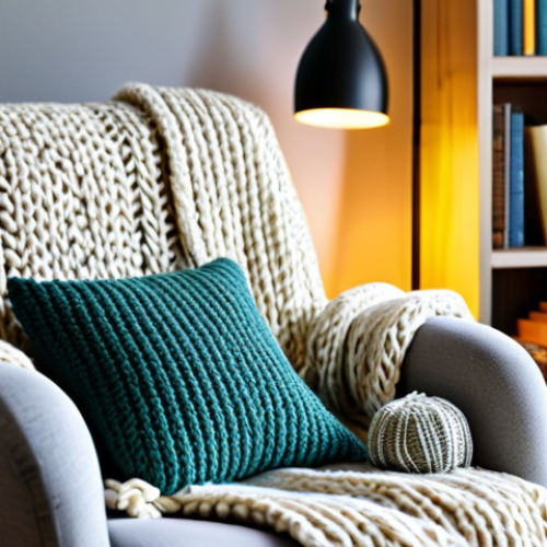 Cozy Reading Nook**

A comfortable armchair draped with a chunky knit blanket and several textured cushions. A warm lamp illuminates the scene, highlighting a side table with a steaming mug of coffee and a stack of books. A Sansevieria plant sits nearby in a decorative pot. In the background, softly blurred bookshelves display pops of color and small decorative objects. Safe for work, appropriate content, fully clothed, professional photography, perfect anatomy, natural proportions, modest, family-friendly.

**