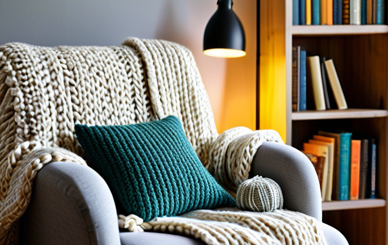 Cozy Reading Nook**

A comfortable armchair draped with a chunky knit blanket and several textured cushions. A warm lamp illuminates the scene, highlighting a side table with a steaming mug of coffee and a stack of books. A Sansevieria plant sits nearby in a decorative pot. In the background, softly blurred bookshelves display pops of color and small decorative objects. Safe for work, appropriate content, fully clothed, professional photography, perfect anatomy, natural proportions, modest, family-friendly.

**