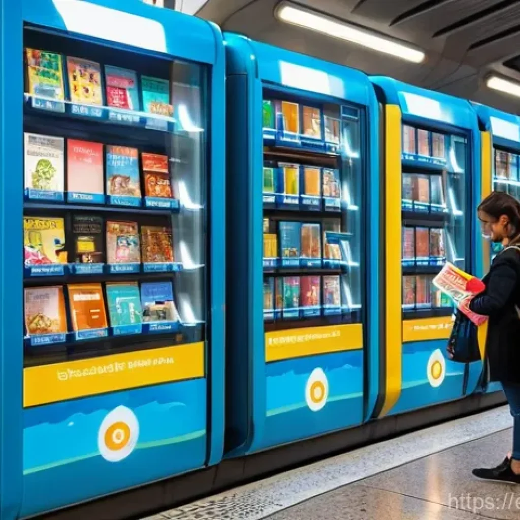책 자판기 운영 도서관 - **"A vibrant, modern book vending machine stands prominently in a bustling, sunlit train station in ...