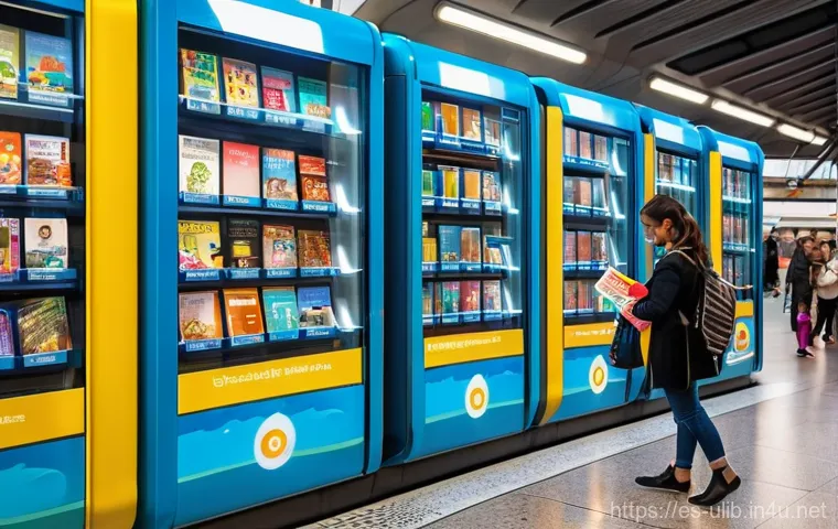책 자판기 운영 도서관 - **"A vibrant, modern book vending machine stands prominently in a bustling, sunlit train station in ...