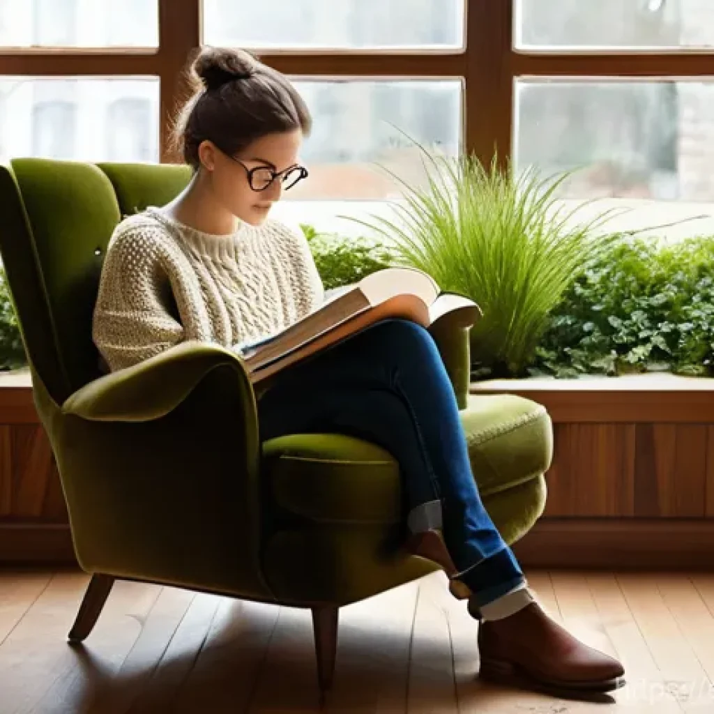 북카페형 도서관 인테리어 - **"Cozy Solitude in a Library-Cafe"**
"A serene and inviting library-cafe reading nook, bathed i...