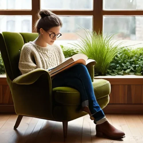 북카페형 도서관 인테리어 - **"Cozy Solitude in a Library-Cafe"**
    "A serene and inviting library-cafe reading nook, bathed i...