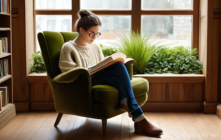 북카페형 도서관 인테리어 - **"Cozy Solitude in a Library-Cafe"**
"A serene and inviting library-cafe reading nook, bathed i...